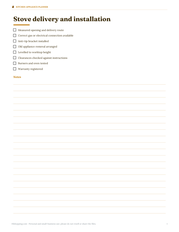 Preview of Printable Stove Delivery Checklist